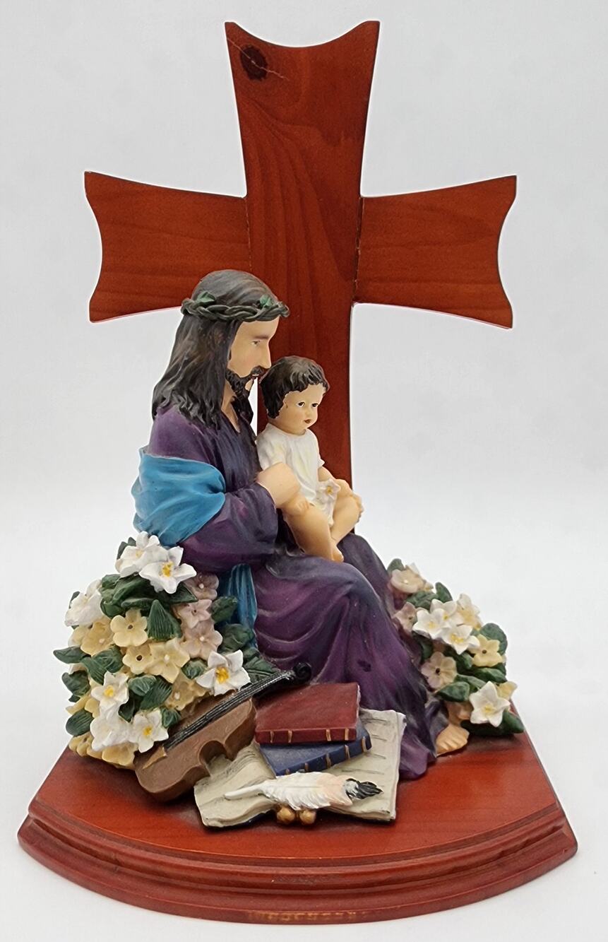 Jesus & Child Figurine w/ Cross, Violin, Books – 12.25" Hand Painted Wood Base